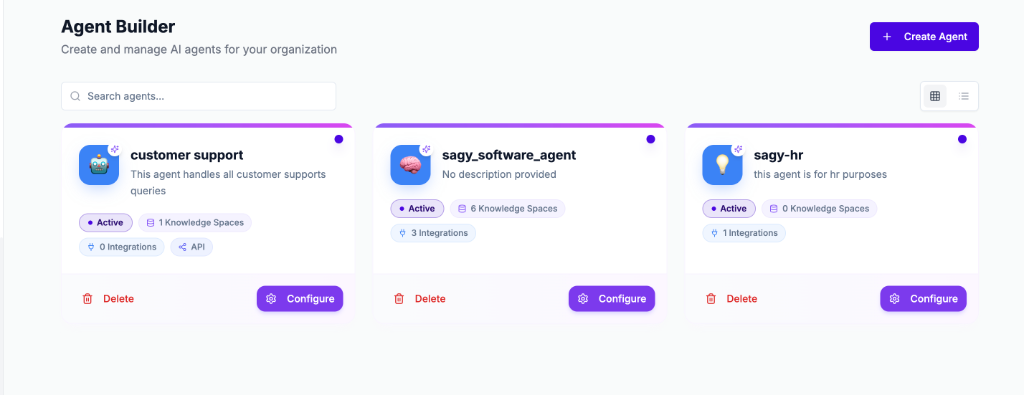 Sagy Dashboard showing specialized agents for Support, Engineering, and HR